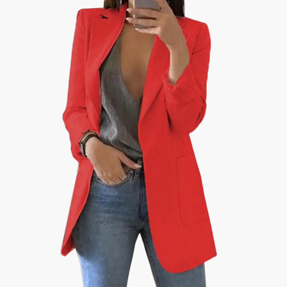 Stilvoller langer Damen Business Blazer mit offener Front, ideal für Büro & elegante Anlässe.