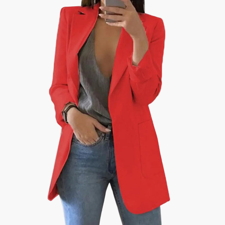 Stilvoller langer Damen Business Blazer mit offener Front, ideal für Büro & elegante Anlässe.