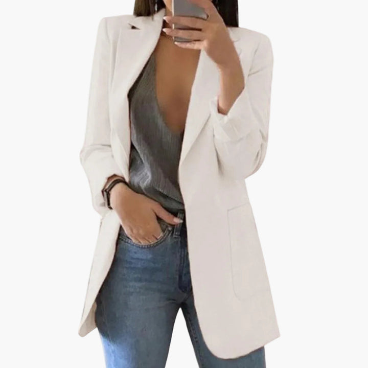 Eleganter langer Damen Blazer für Business & Freizeit, offene Front, vielseitige Damenmode.