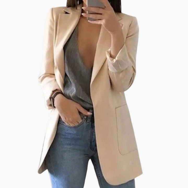 Langer Damen Blazer mit offener Front, elegant, tailliert, perfekt für Business, Büro & schicke Freizeit.
