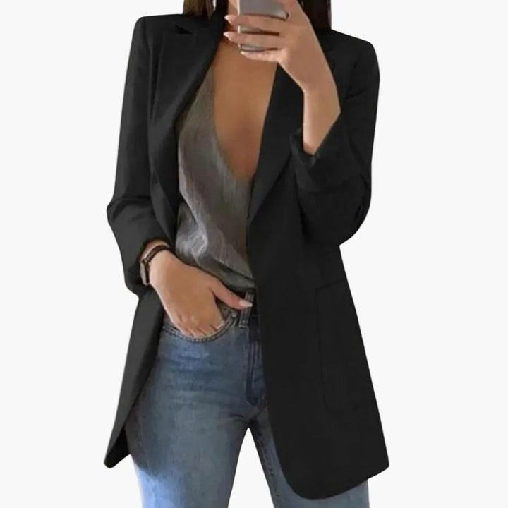 Eleganter langer Damen Business Blazer mit offener Front, ideal für Büro und Freizeit. Stilvolle Damenmode.