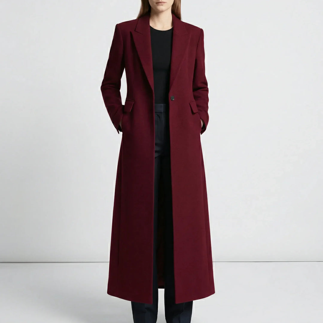Stilvoller roter Damenmantel mit Einzelknopf und perfekter Taillierung für einen eleganten Auftritt.