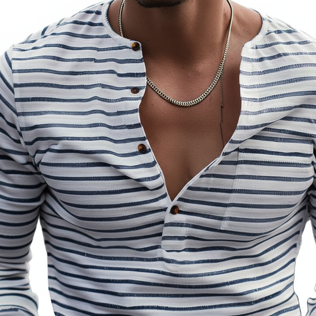 Bequemes Herren Henley-Shirt Matteo mit Streifen für kalte Tage, Langarm-Oberteil, alltagstauglich.