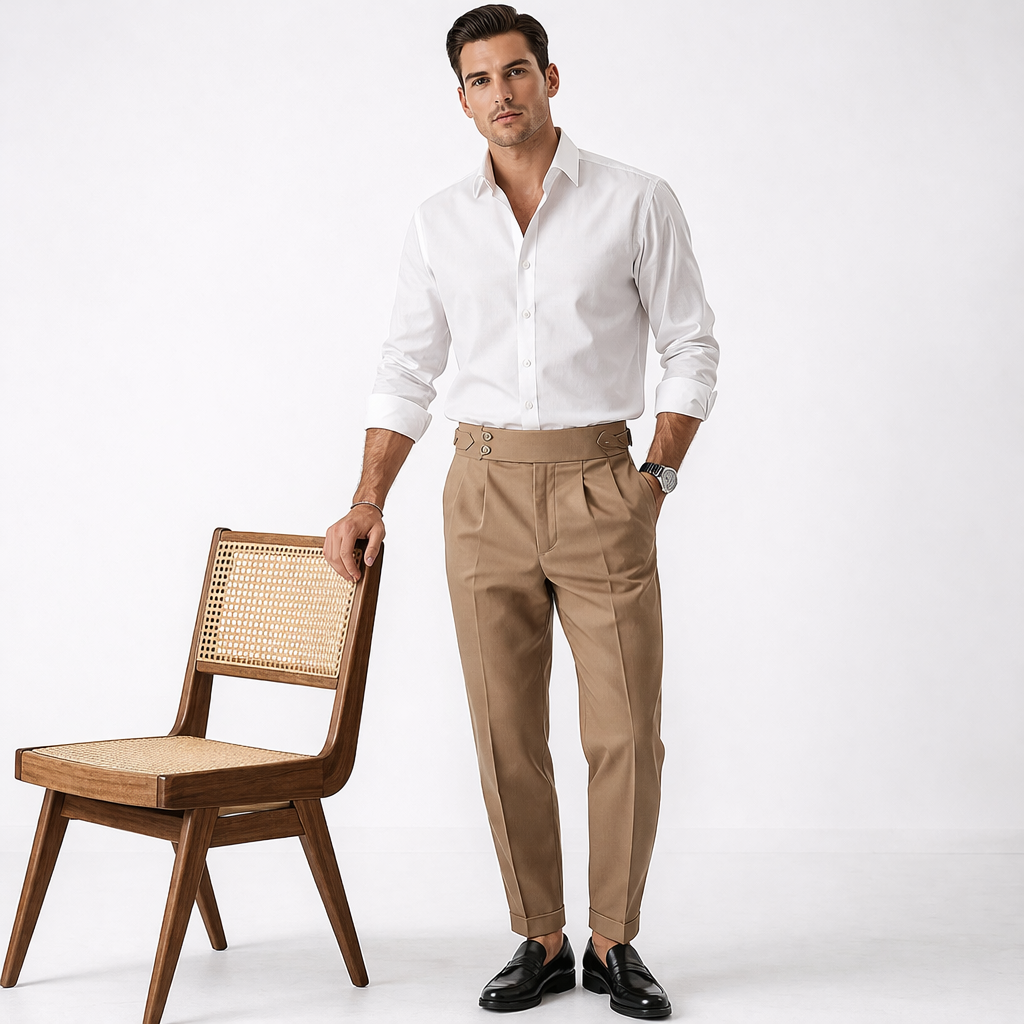 Modell trägt klassische Herren Businesshose. Perfekte, bequeme Passform für einen professionellen Büro-Auftritt.