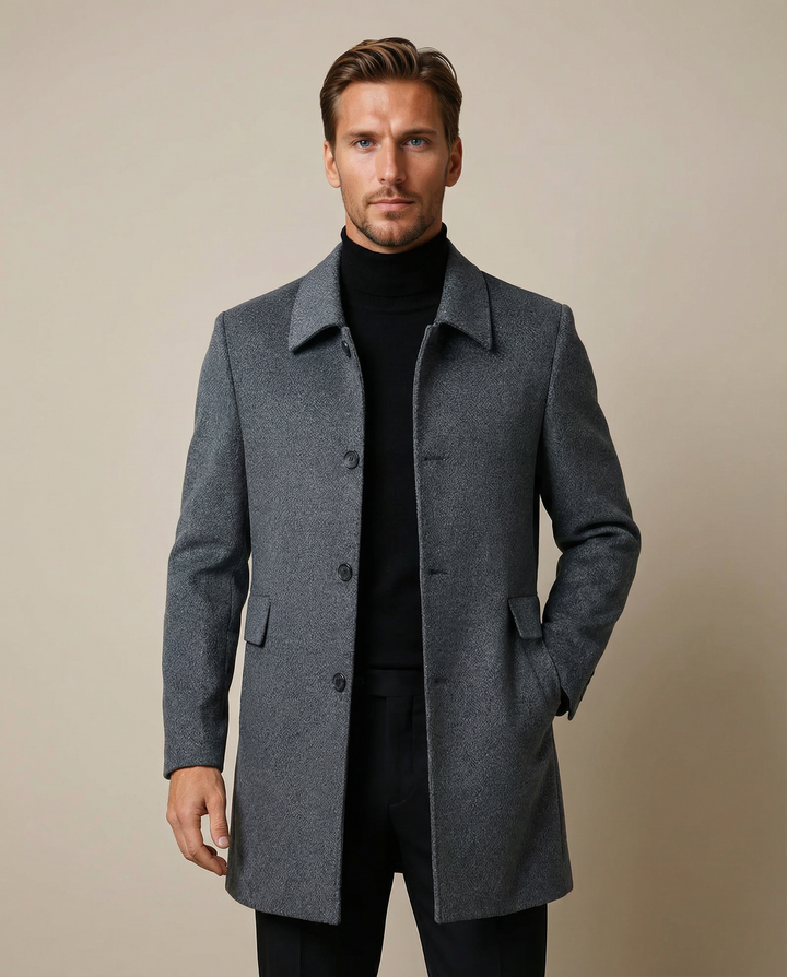 Stilvoller Herren-Wintermantel in Grau mit Knopfleiste, tailliert geschnitten, perfekt für den Winter-Look.