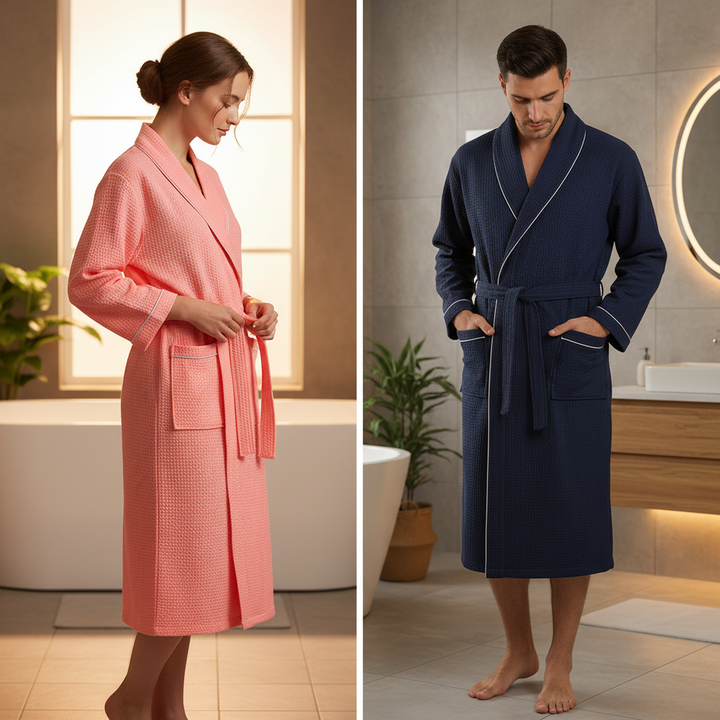 Leichter Unisex Waffel Bademantel für Damen & Herren. Atmungsaktiver Komfort als Morgenmantel oder Saunamantel.