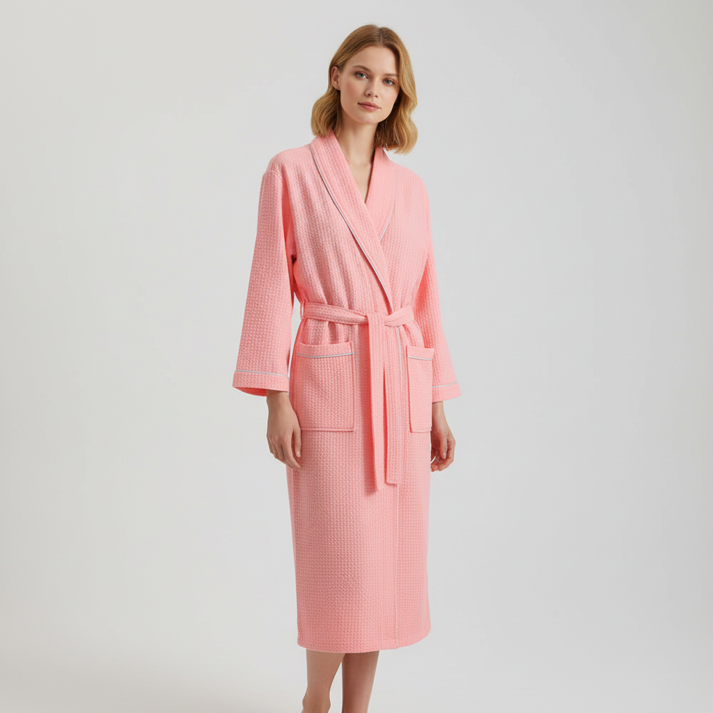 Komfortabler Unisex Bademantel mit feiner Waffelstruktur. Ideal als Hausmantel & Loungewear für entspannte Stunden.