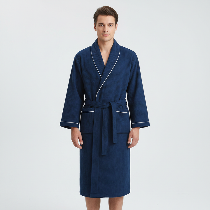 Eleganter Unisex Waffel Bademantel. Leicht & saugfähig, perfekt nach Dusche oder Sauna. Für Damen und Herren.