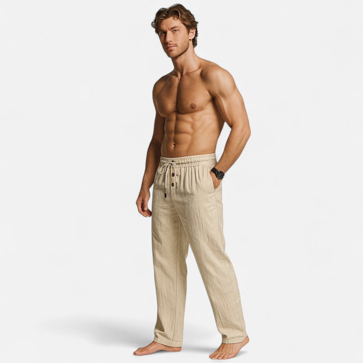 Gefaltete Herren Freizeithose Leinen-Optik mit Kordelzug; bequeme, pflegeleichte Alltagskleidung.