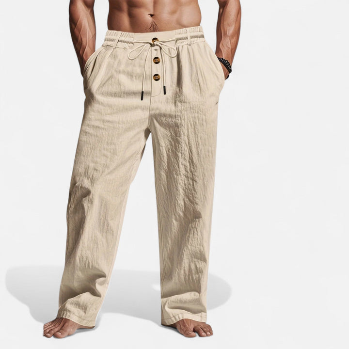 Lässige Herrenhose Leinen-Optik mit Kordelzug, beige. Bequeme Freizeithose für entspannte Tage & Alltag.