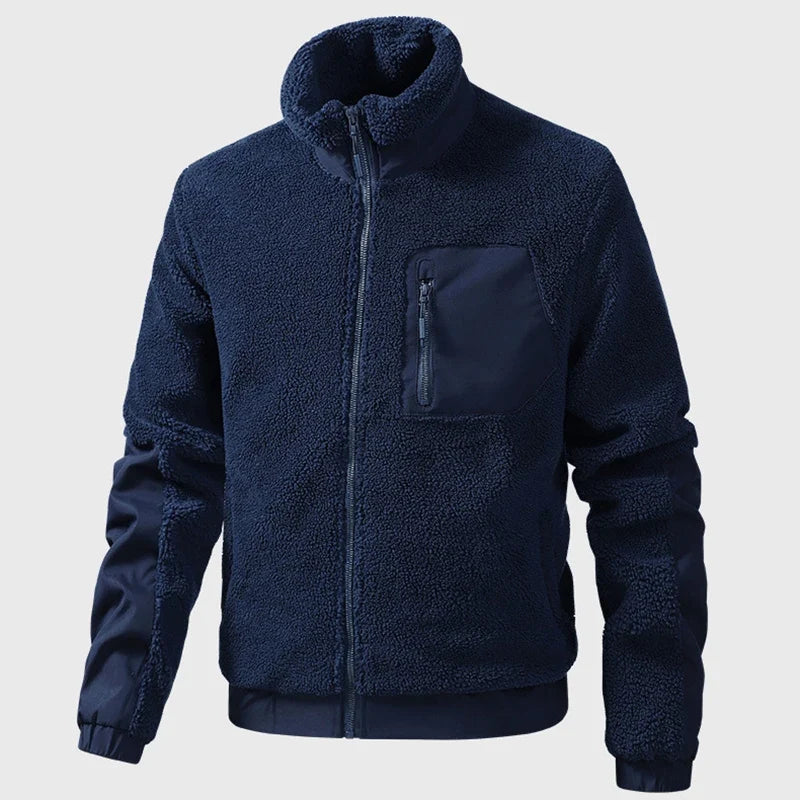 Herrenjacke mit weichem Fleece-Futter und Patchwork, atmungsaktiv und warm, ideal für Winter-Spaziergänge.