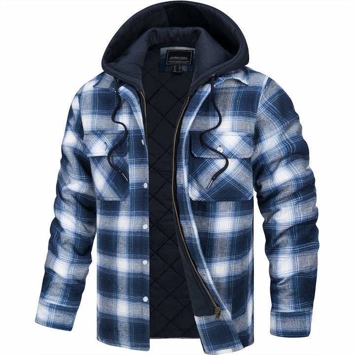Komfortable karierte Herren Übergangsjacke mit Kapuze. Warme Herbstjacke für Outdoor & Freizeit, sportlich & modern.