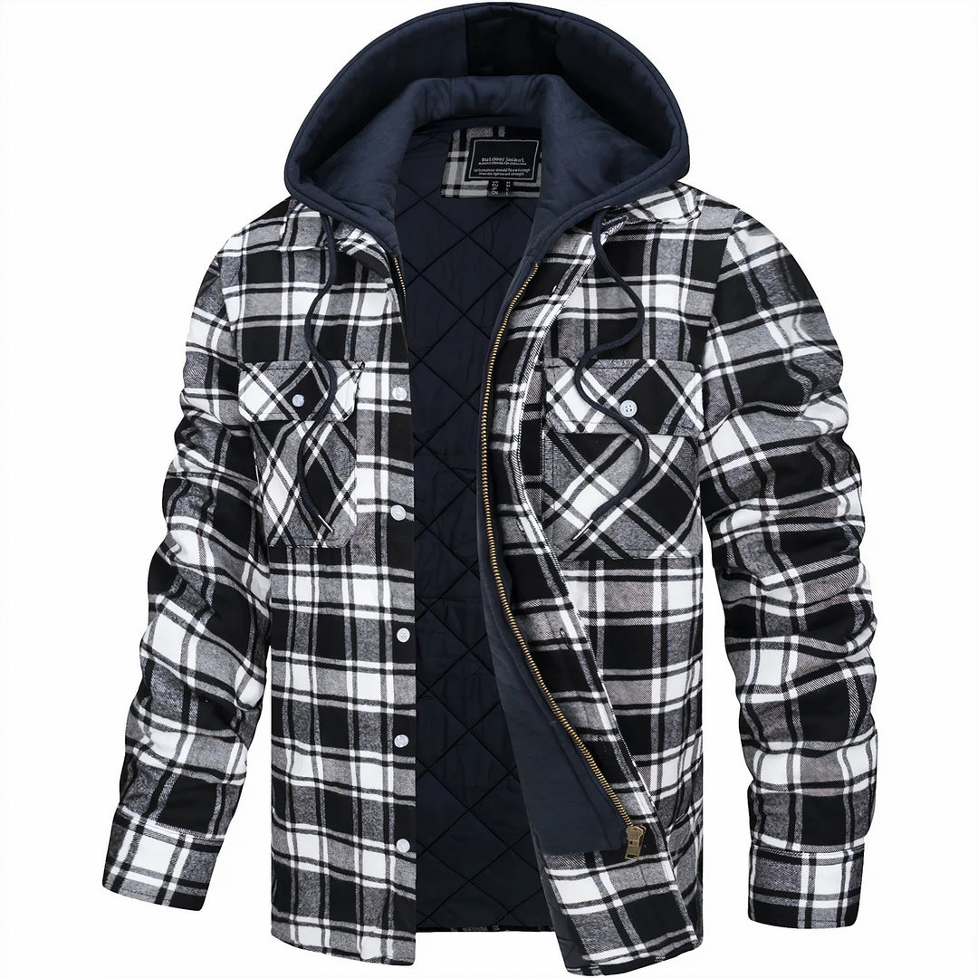 Herren Karo-Übergangsjacke mit Kapuze, gefüttert und warm. Lässige Jacke für den modernen Mann, ideal für Herbsttage.
