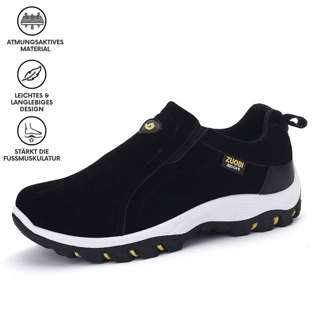 Ein Paar schwarze Herren Luxe Steppschuhe, bereit für ultimative Entspannung und ermüdungsfreie Füße.