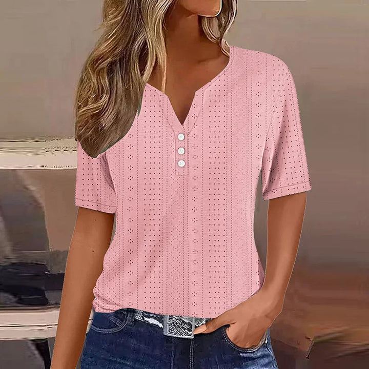 Damen V-Ausschnitt T-Shirt mit Knöpfen. Lässiges Kurzarm-Oberteil für Damen, bequem und modisch.