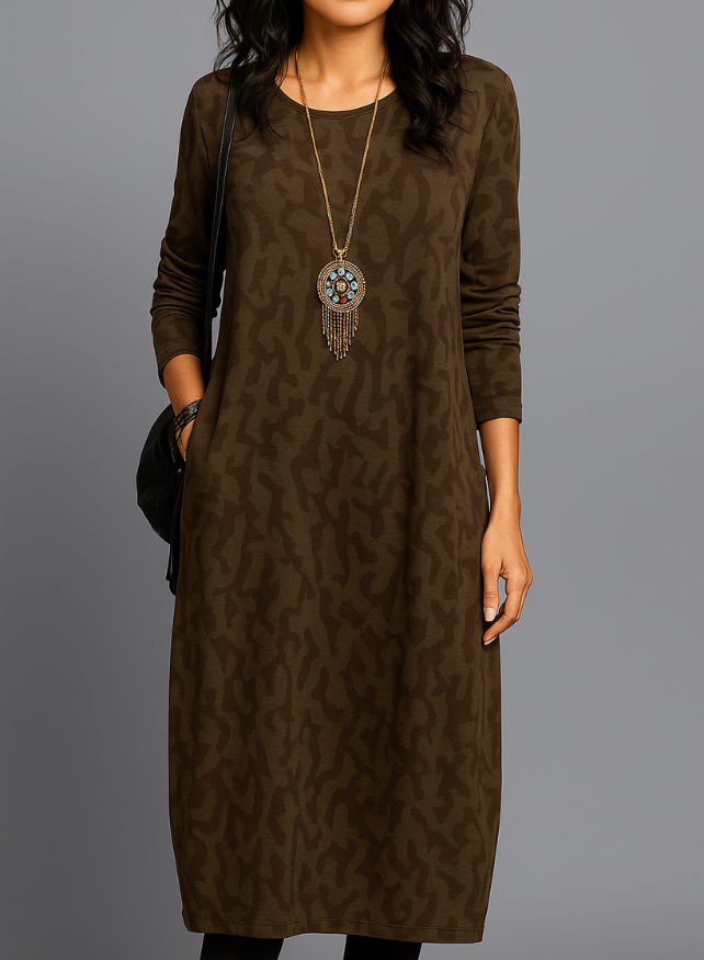 Gemustertes Damen Midikleid mit Langarm und Seitentaschen, elegant und bequem für jeden Anlass.
