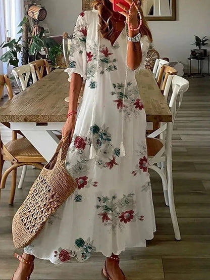 Luftiges, fließendes Damen Midikleid mit V-Ausschnitt, perfekt als elegantes Sommer- oder bequemes Strandkleid.