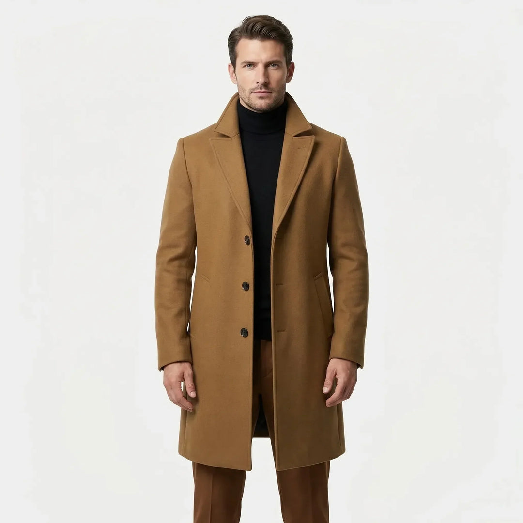 Grauer eleganter Herren Herbst-/Wintermantel, einreihig, mit Revers; klassische Business- & Freizeitkleidung.