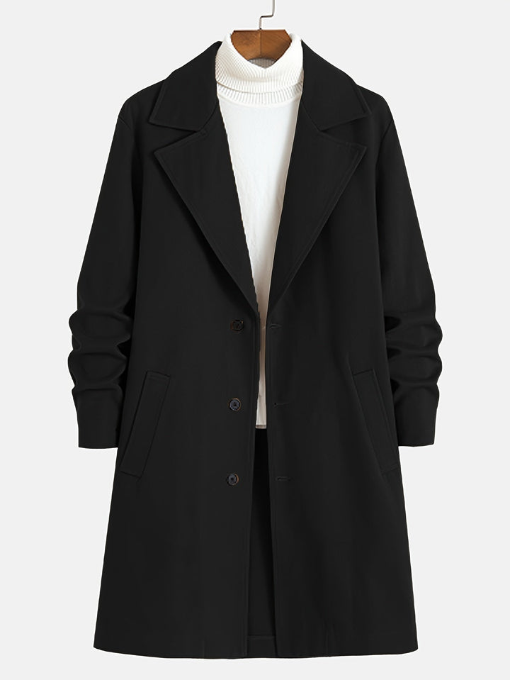 Grauer eleganter Herren Langmantel. Einreihiger Reversmantel für klassische Freizeit- & Business-Outfits.