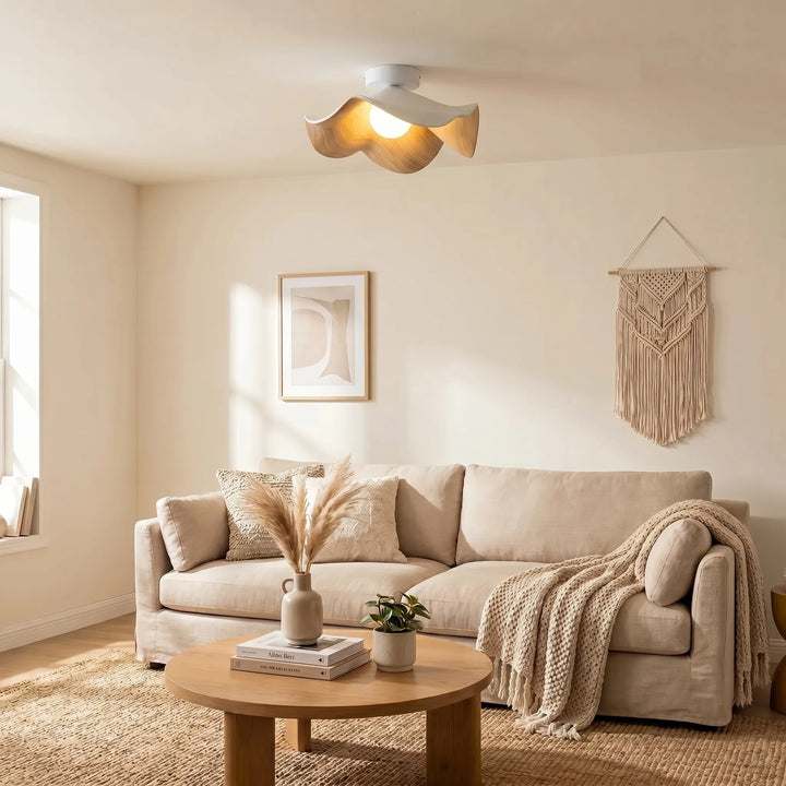 Moderne Design Deckenleuchte Lotusblüte in Holzoptik, ideal für stilvolle Esszimmer Ambientebeleuchtung.