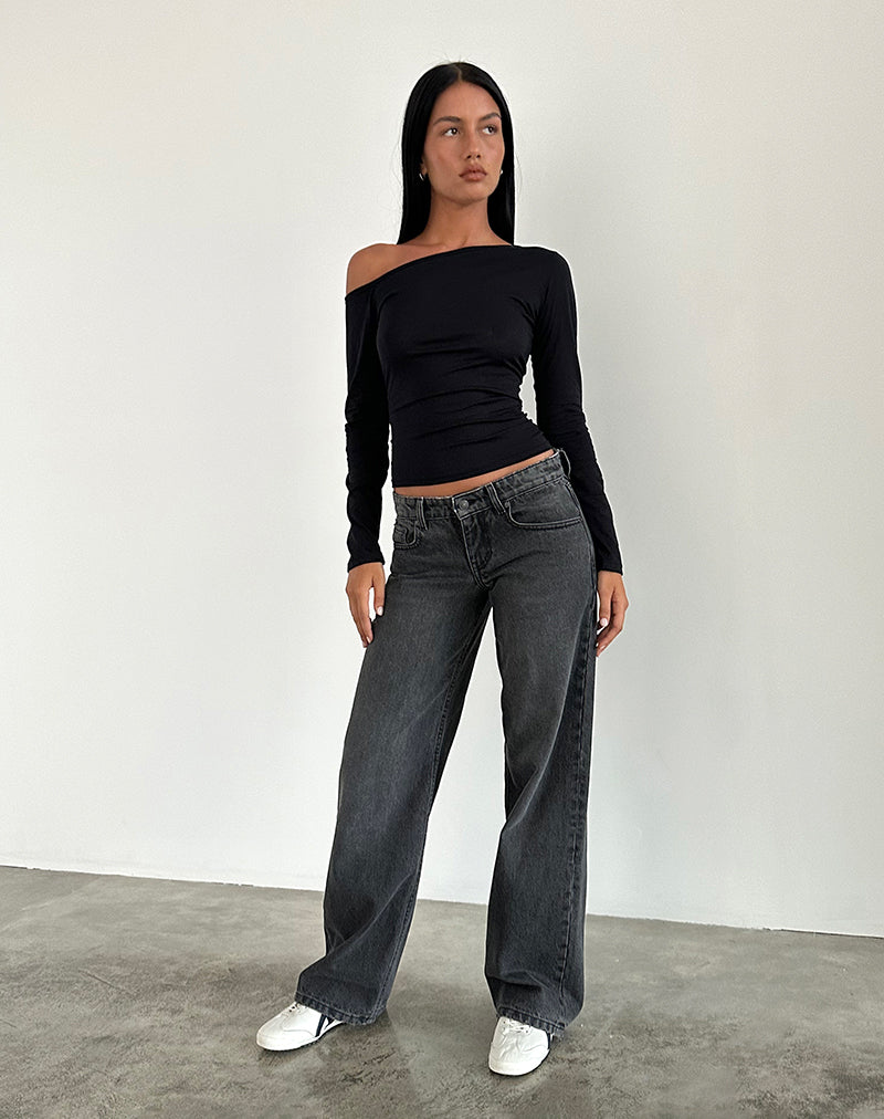 Nahaufnahme der Low Rise Parallel Jeans für Damen in elegantem Schwarz-Grau, mit geradem Bein.