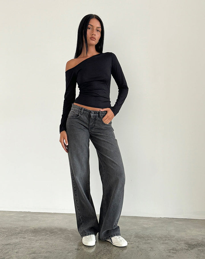 Schicke Damen Low Rise Jeans in Schwarz-Grau, mit modischer gerader Beinform, ideal für den Alltag.