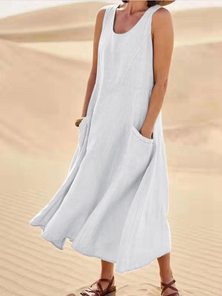 Bequemes, ärmelloses Damen Maxikleid für Freizeit. Lockeres Sommerkleid mit Rundhals und praktischen Taschen.