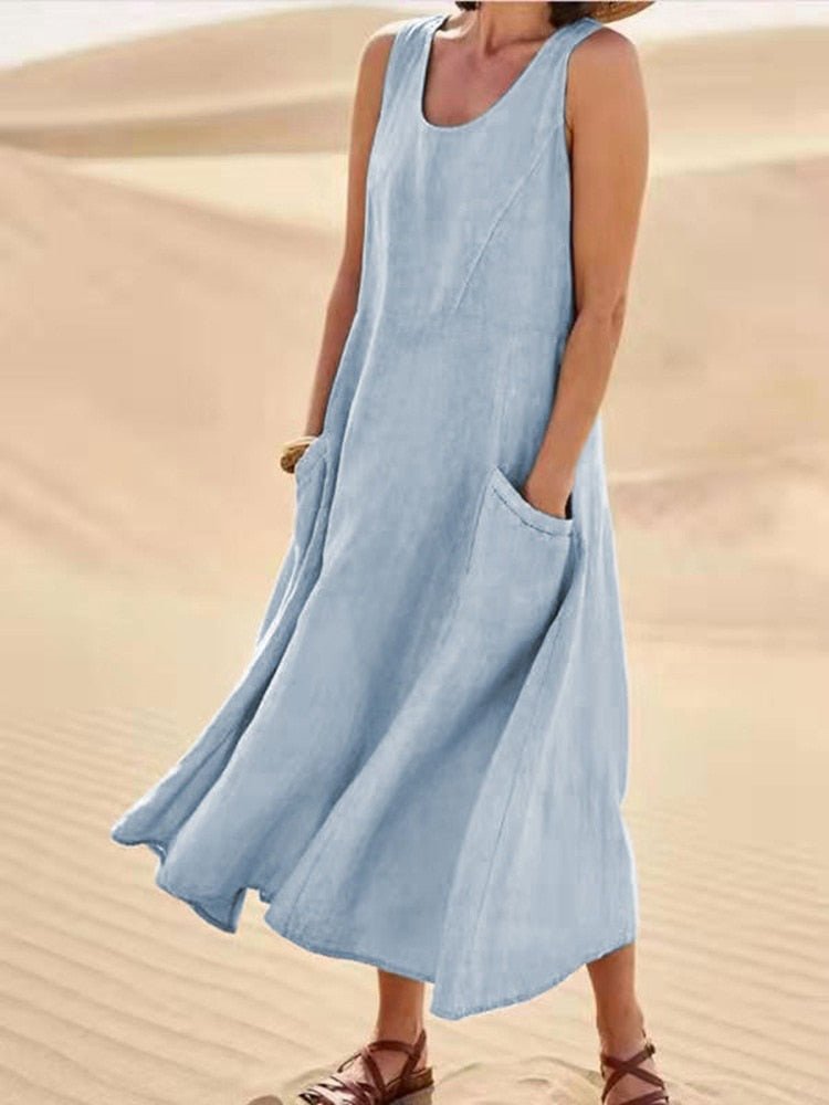 Loses, fließendes Damen Maxikleid ärmellos, ein bequemes Sommerkleid mit Rundhals und praktischen Taschen für Frauen.