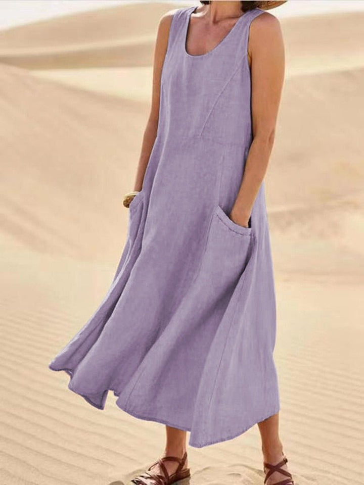Casual Damen Maxikleid, ärmellos und bequem, ideal als Freizeitkleid oder Sommerkleid mit Rundhals und Taschen.