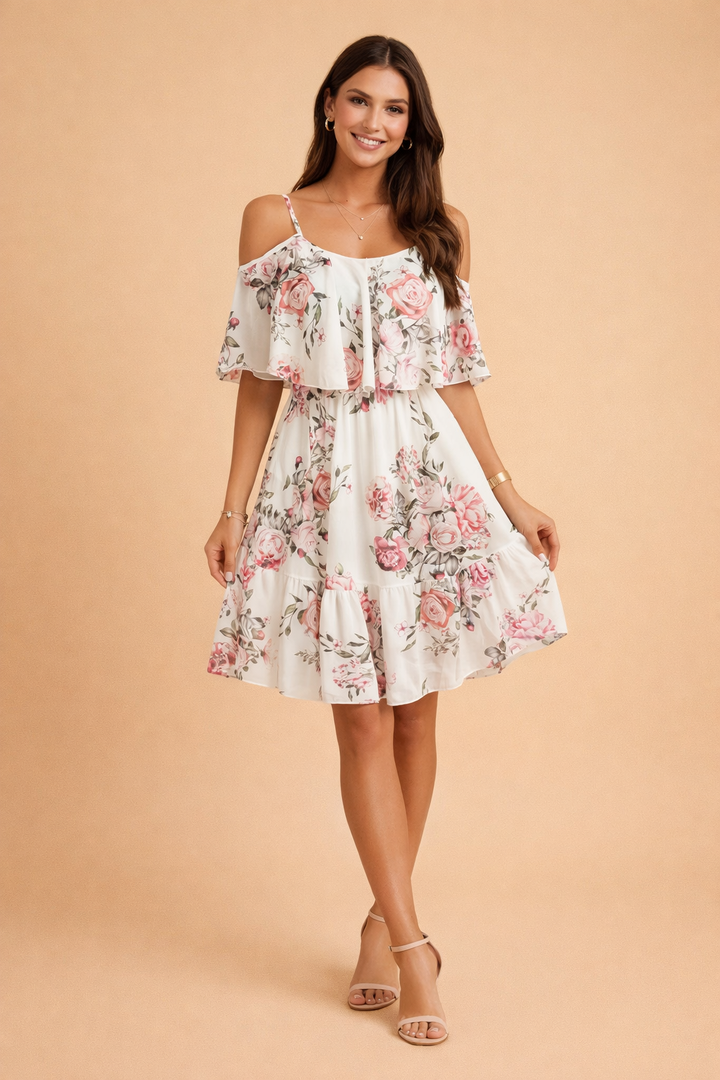 Schwarzes Damen Sommerkleid, schulterfrei, A-Linie, mit zartem Blumendruck. Perfekt für Urlaub und elegante Anlässe.
