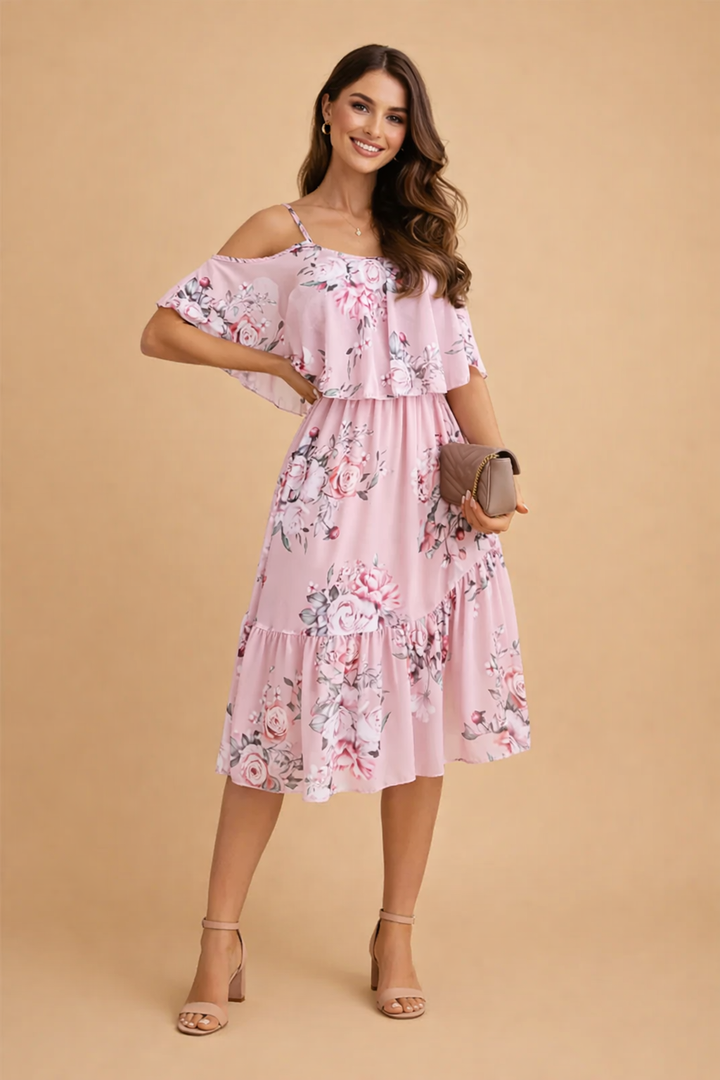 Luftiges elfenbeinfarbenes Blumenkleid für Damen. Schulterfreies A-Linien Sommerkleid mit elegantem Blumendruck.