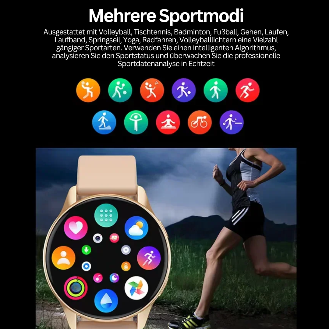 Damen Smartwatch am Handgelenk, stilvoll und schlank, passt zu jedem Outfit. Komfortabel für den ganzen Tag und Sport.