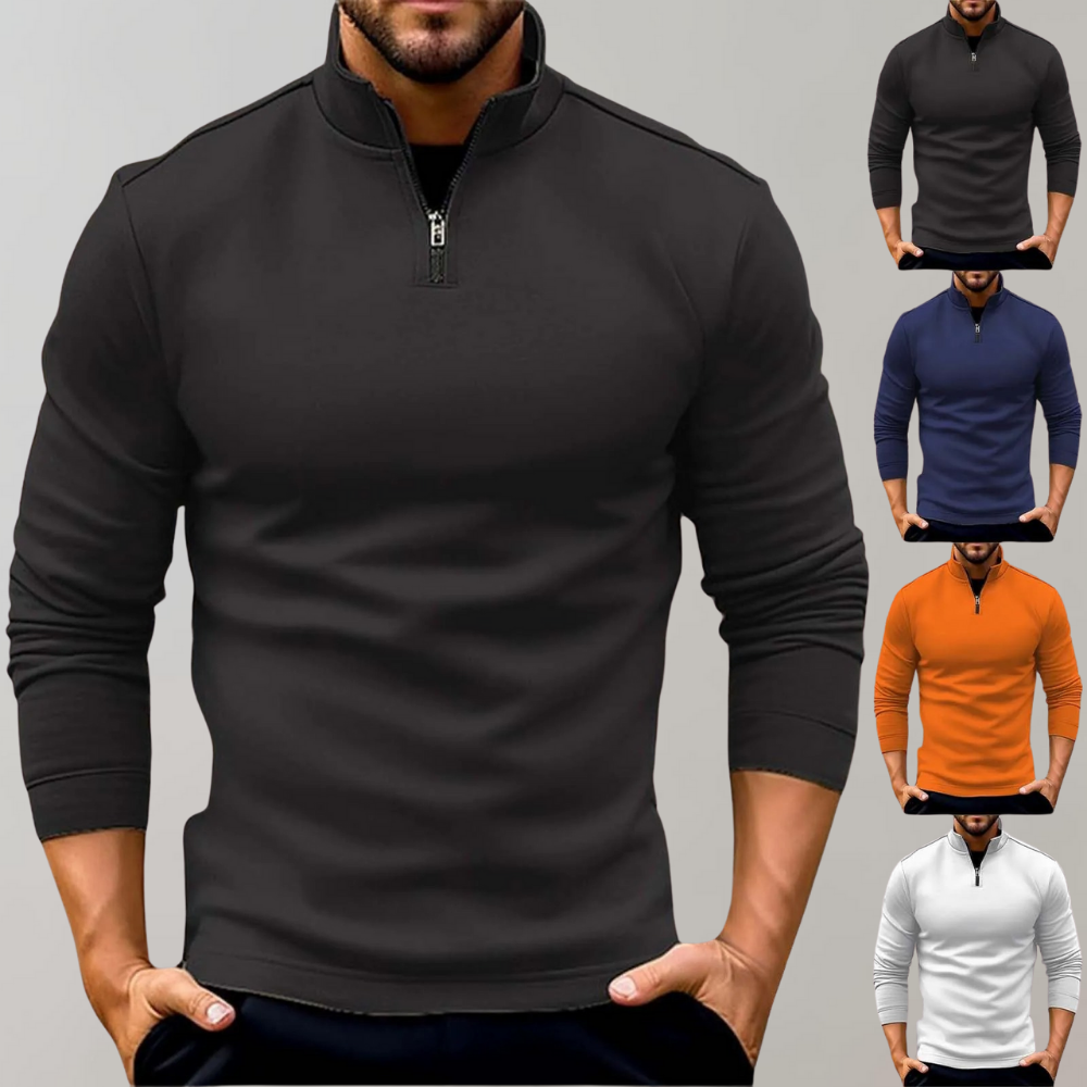 Rückenansicht des stilvollen Herren-Pullover mit Reißverschluss, elegant und bequem für Herbst- & Wintermode.