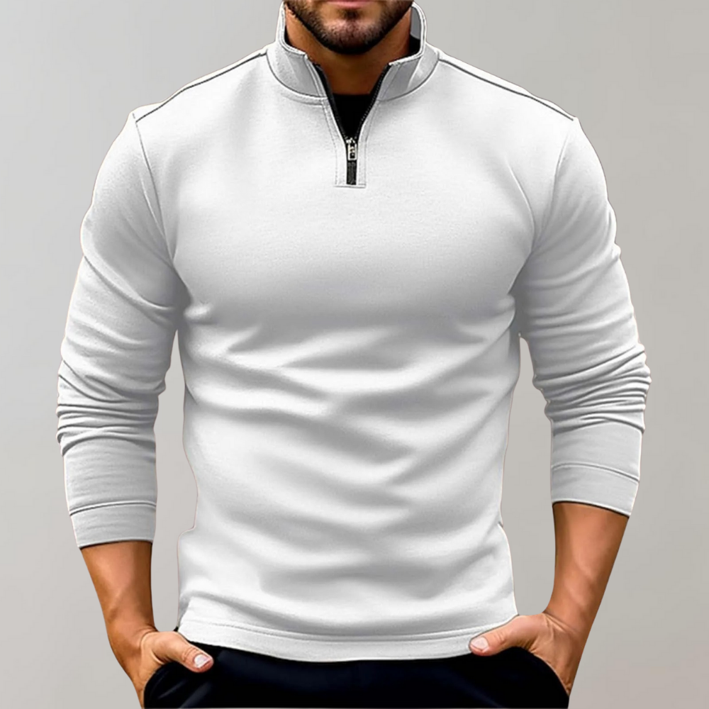 Struktur des weichen, bequemen Herren-Pullover-Materials mit Reißverschluss, ideal für Herbst- und Wintermode.