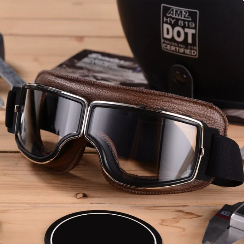 Vintage Leder Motorradbrille in Kaffee-Braun. Stilvolle Retro-Schutzbrille für Motorradfahrer & Motorradzubehör.
