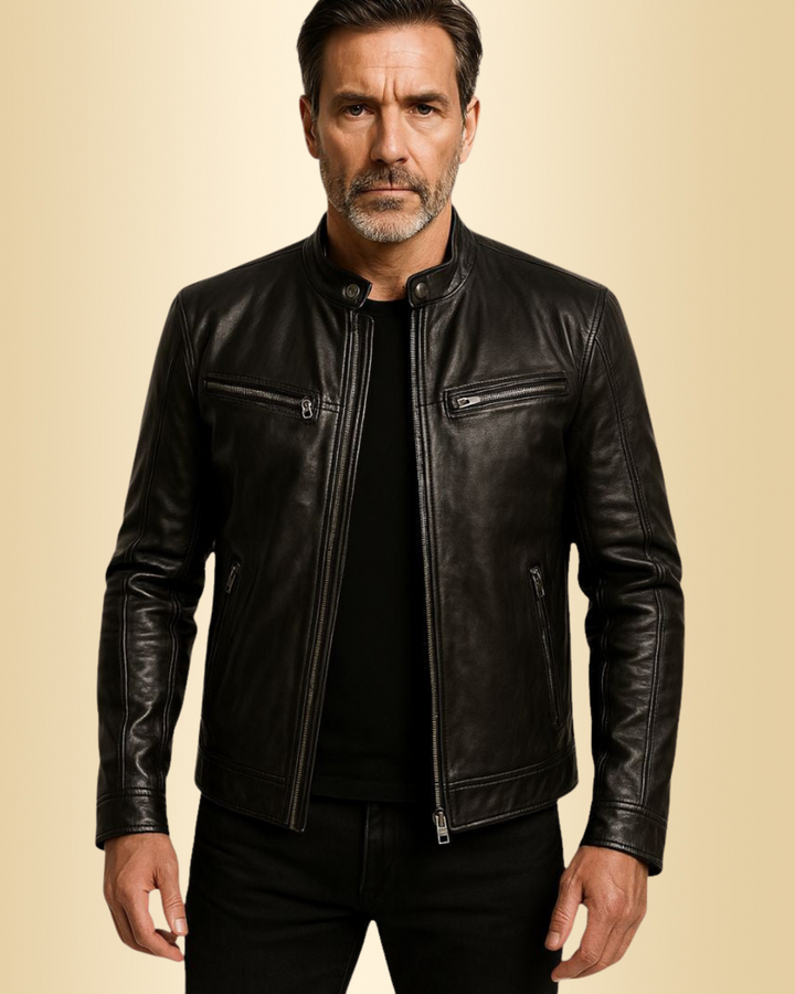 Elegante Herren Stehkragenjacke mit Reißverschluss, Regular Fit. Perfekt für Business- & Casual-Looks.