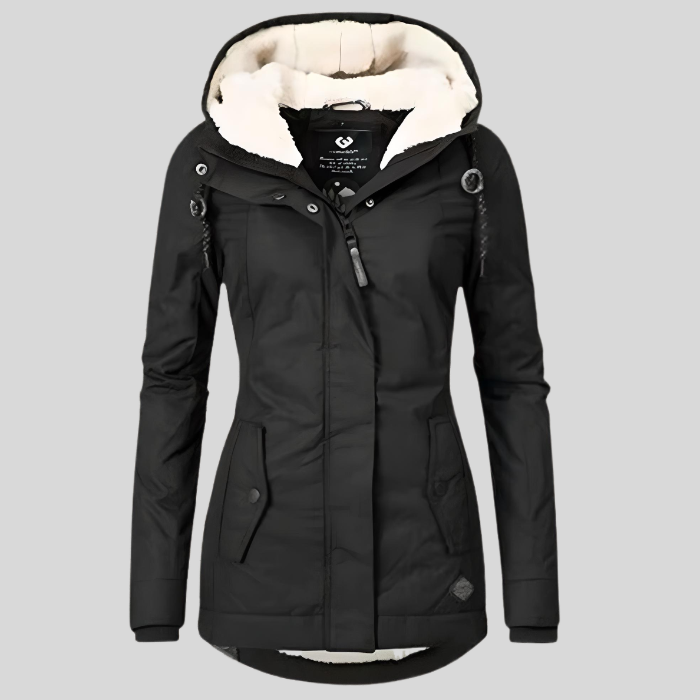 Eleganter langer Damen Wintermantel mit Kapuze, isoliert & wasserdicht, ideal für Kälteschutz und Outdoor.
