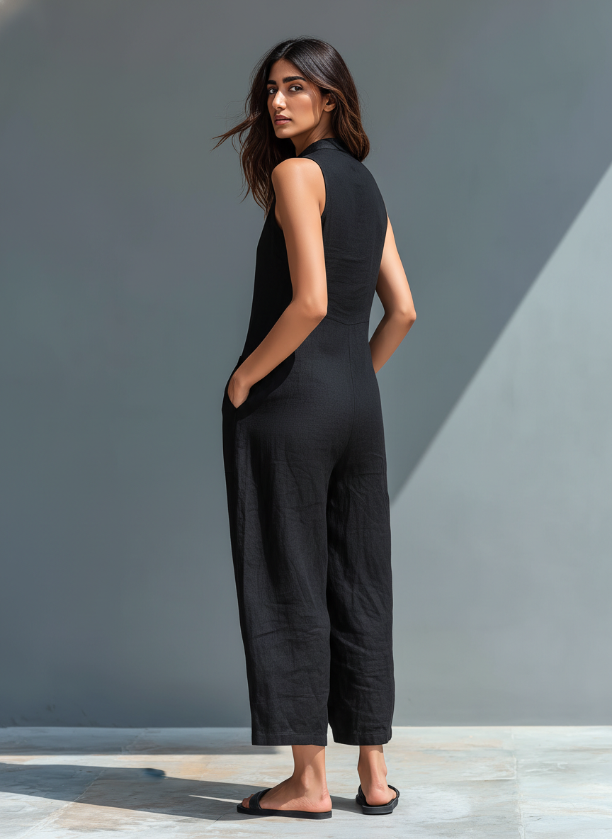 Eleganter Damen Overall ärmellos mit Knopfleiste. Perfekt für Sommer, Urlaub & Freizeit. Komfortabler Einteiler.