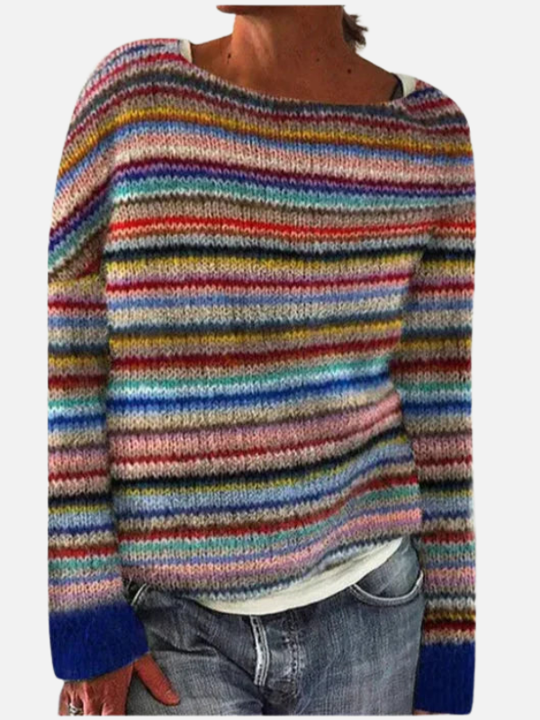 Farbenfroher Damen Strickpullover, gemustert mit Rundhals. Ideal für Herbst & Winter.