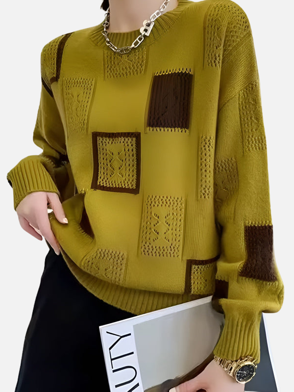 Nahaufnahme des gemusterten Lochmuster-Pullovers für Damen, Einheitsgröße. Detailreich & modisch.