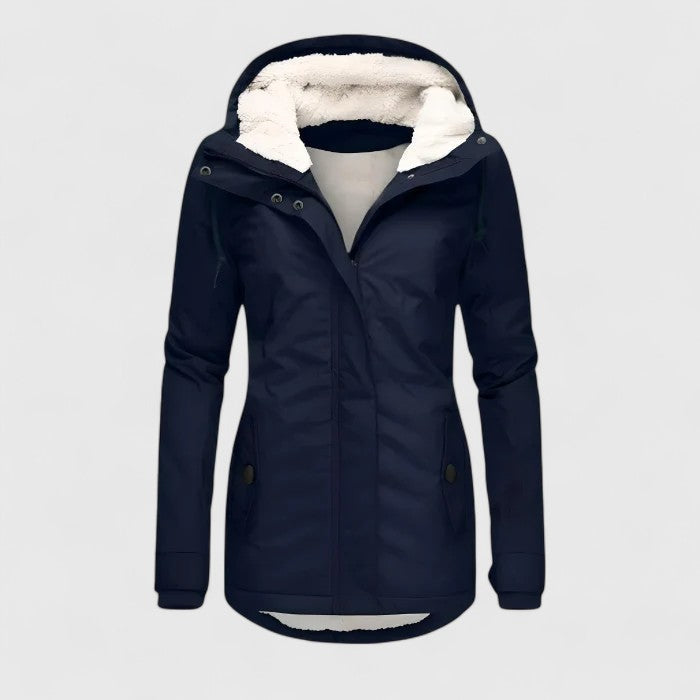 Stylische, wasserdichte Damen Winterjacke mit Kapuze für Outdoor und Freizeit bei kaltem Wetter.