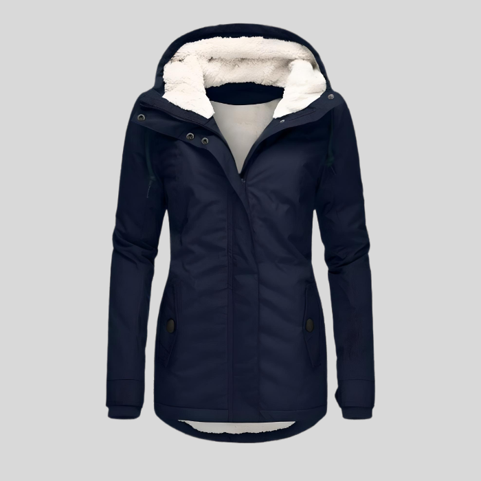 Damen Wintermantel lang, mit Kapuze, isoliert. Zeigt wasserdichte Textur, perfekt für Winter, Outdoor & Reisen.