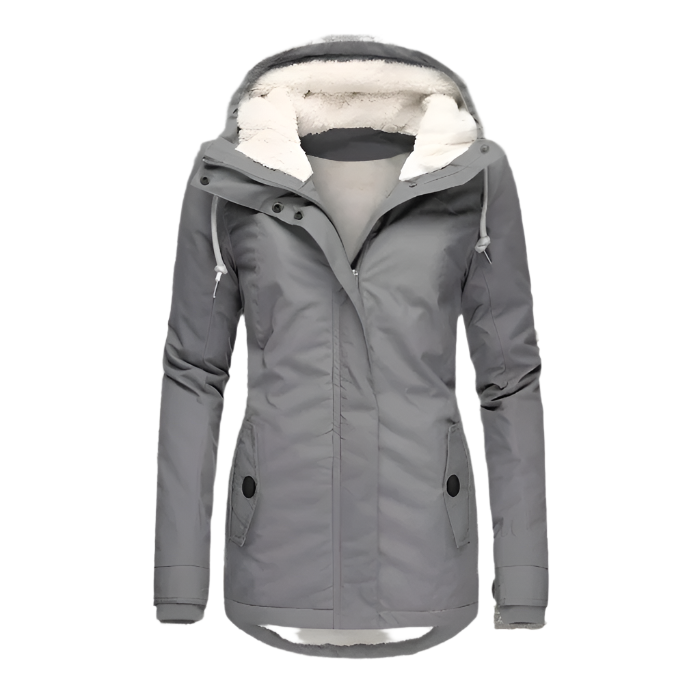 Warmer, isolierter Damen Langmantel für den Winter, wasserdichtes Material und gemütliche Kapuze für Kälteschutz.