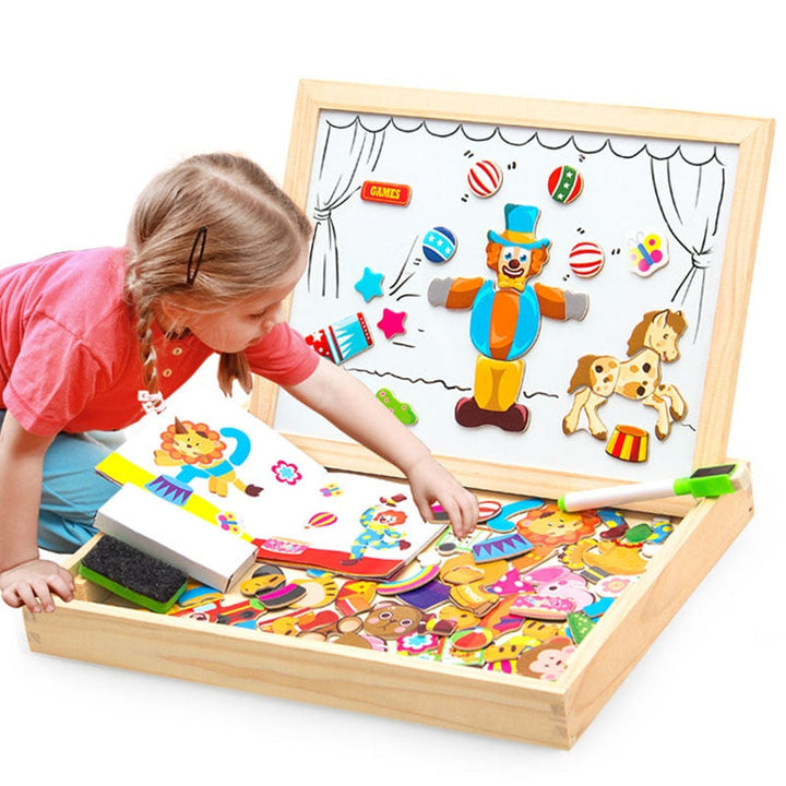 KreativBox Magnetspiel für Kinder: doppelseitiges Holzspielzeug mit Zeichentafel, fördert Lernspaß & Kreativität.