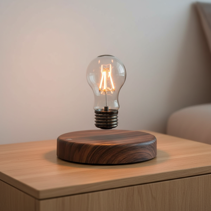 Magnetische LED-Schwebelampe Floatique aus Walnussholz für einzigartiges Ambientebeleuchtung im Wohnzimmer.
