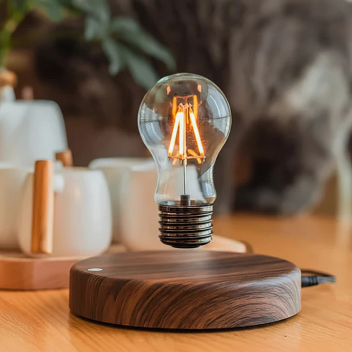 Moderne LED-Tischlampe, magnetisch schwebend aus Walnussholz, erzeugt warmes Ambientebeleuchtung im Zuhause.
