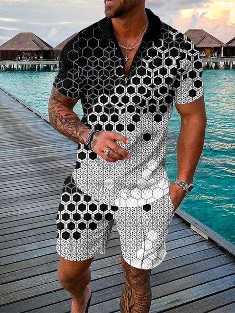 Trendiges Herren Freizeit Outfit: Kurzarm-Shirt und Shorts Set, ideal für Strand und Urlaub.