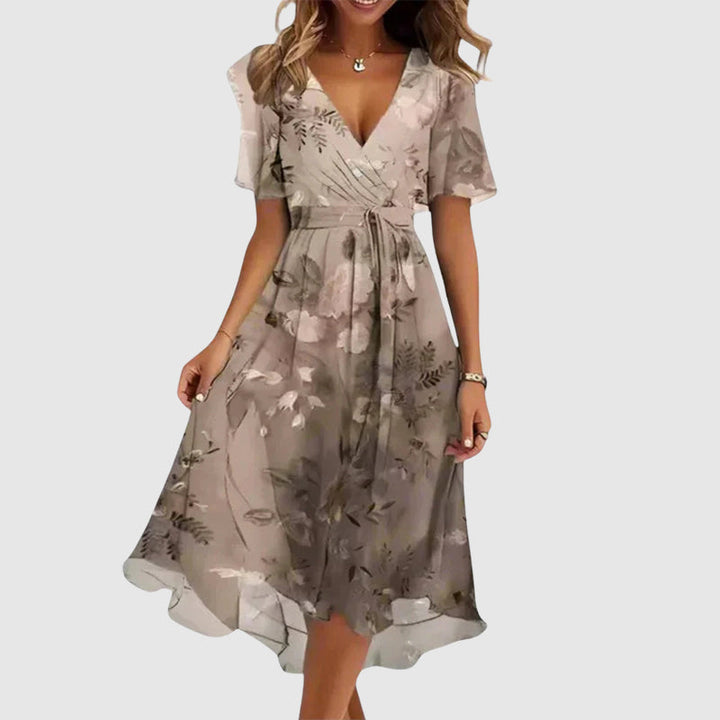 Schlank geschnittenes Damen Midikleid für Sommer und Frühling, mit floralem Muster und V-Ausschnitt, bequem für den Alltag.