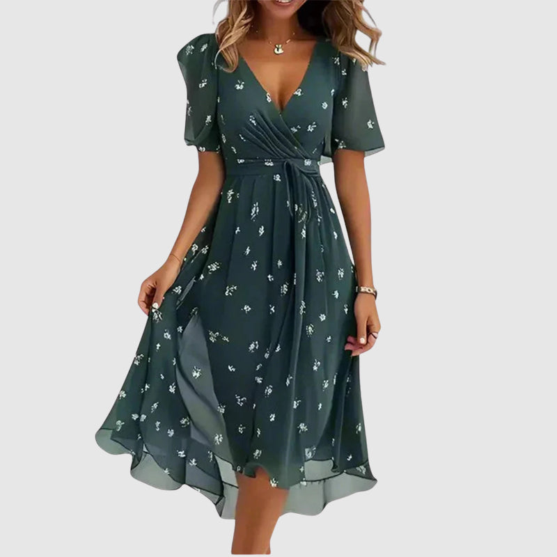 Elegantes Damen Sommer Midikleid mit lebendigem Blumenmuster, V-Ausschnitt und kurzen Ärmeln, perfekt für Freizeit.