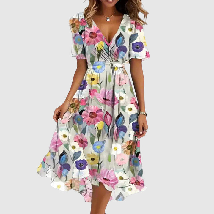 Kurzärmliges, bequemes Damen Sommerkleid mit floralem Print, elegantes Midikleid für vielseitige Anlässe.
